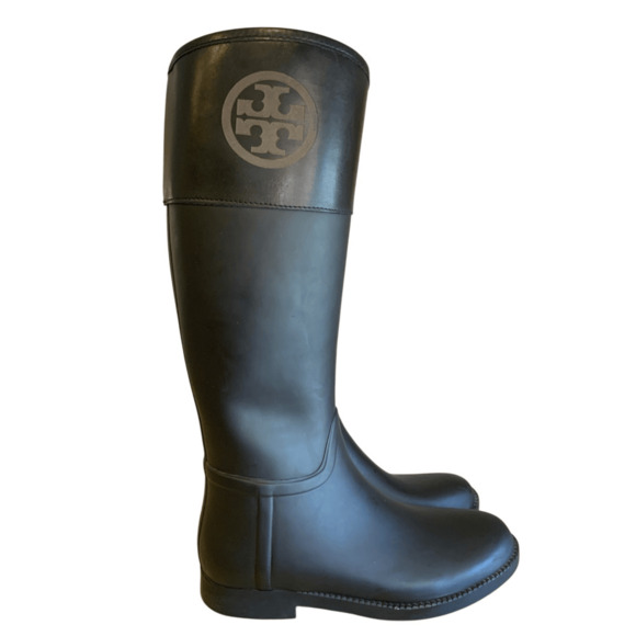 Tory Burch Black Knee High Leather Rubber Boots - Picture 2 of 12